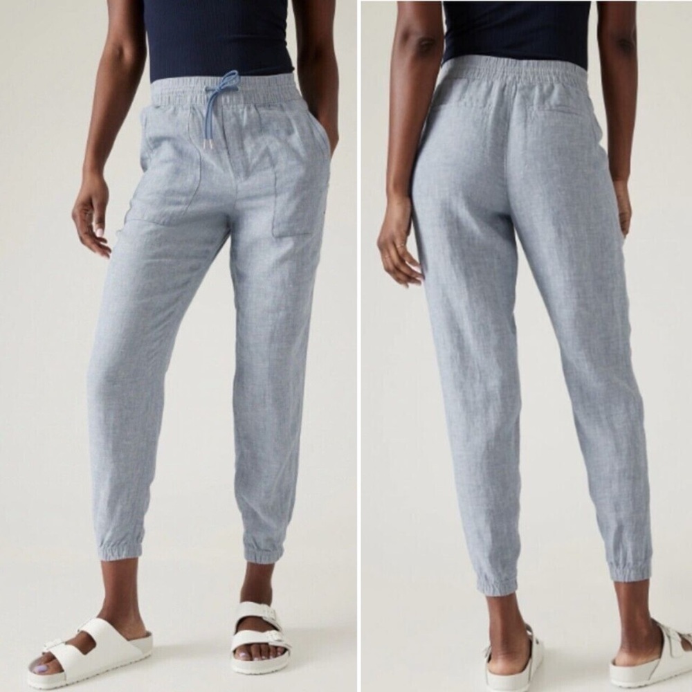 Athleta 100%‎ Linen Retreat Jogger Pants 2 blue chambray pull-on zip pockets